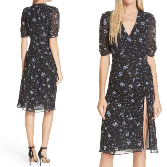 Nicholas Floral Silk Slit Leg Knee Length Dress 0 Blue - Picture 1 of 8